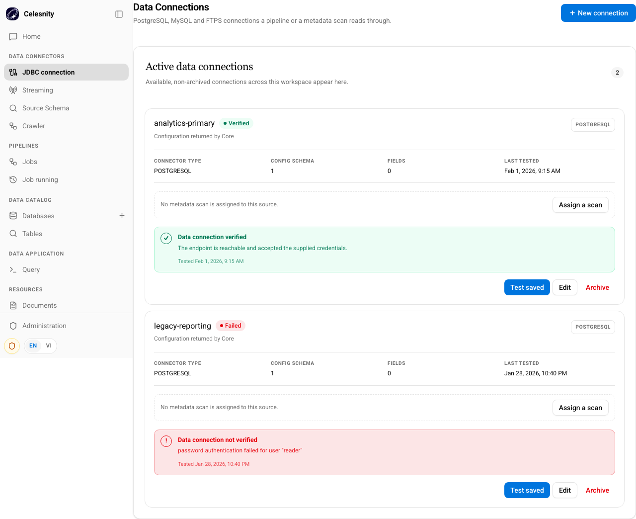 Example Data Connections page showing verified and failed saved connections